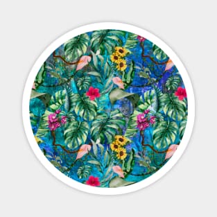 Cute tropical floral leaves botanical illustration, tropical plants,leaves and flowers, blue turquoise leaves pattern Over a Magnet